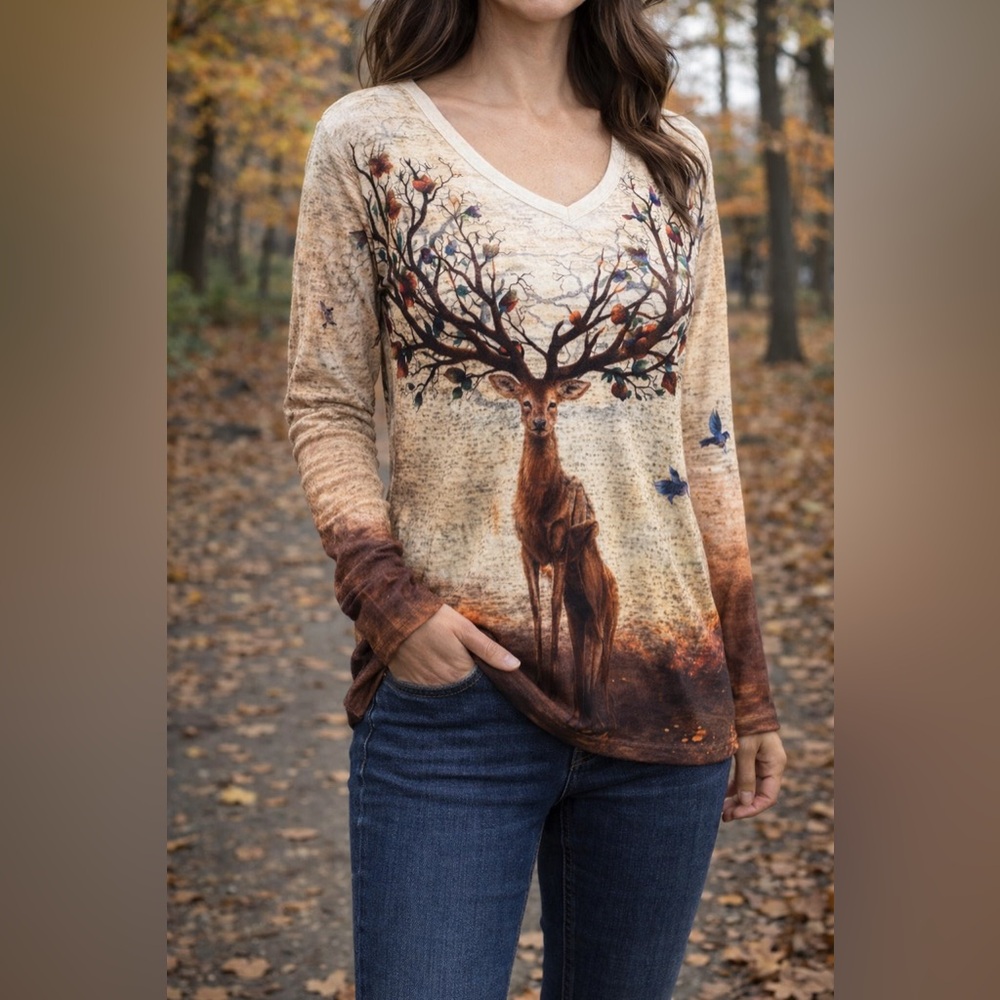 MISSLOOK Deer Antler Tree Graphic Long Sleeve Top Brown Cream XXL